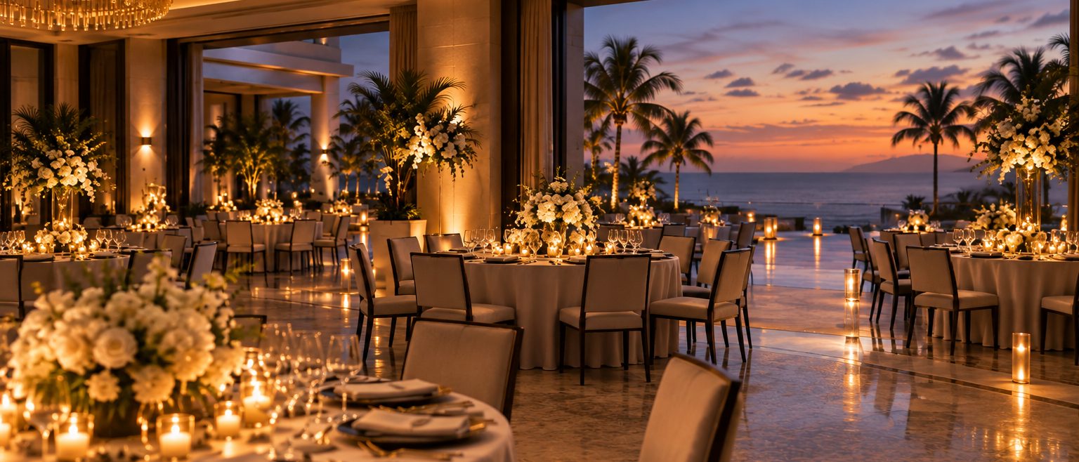 The Oasis Ballroom banqueted for a dinner, round tables in two ranks, the terrace doors open on the sunset and palms beyond them