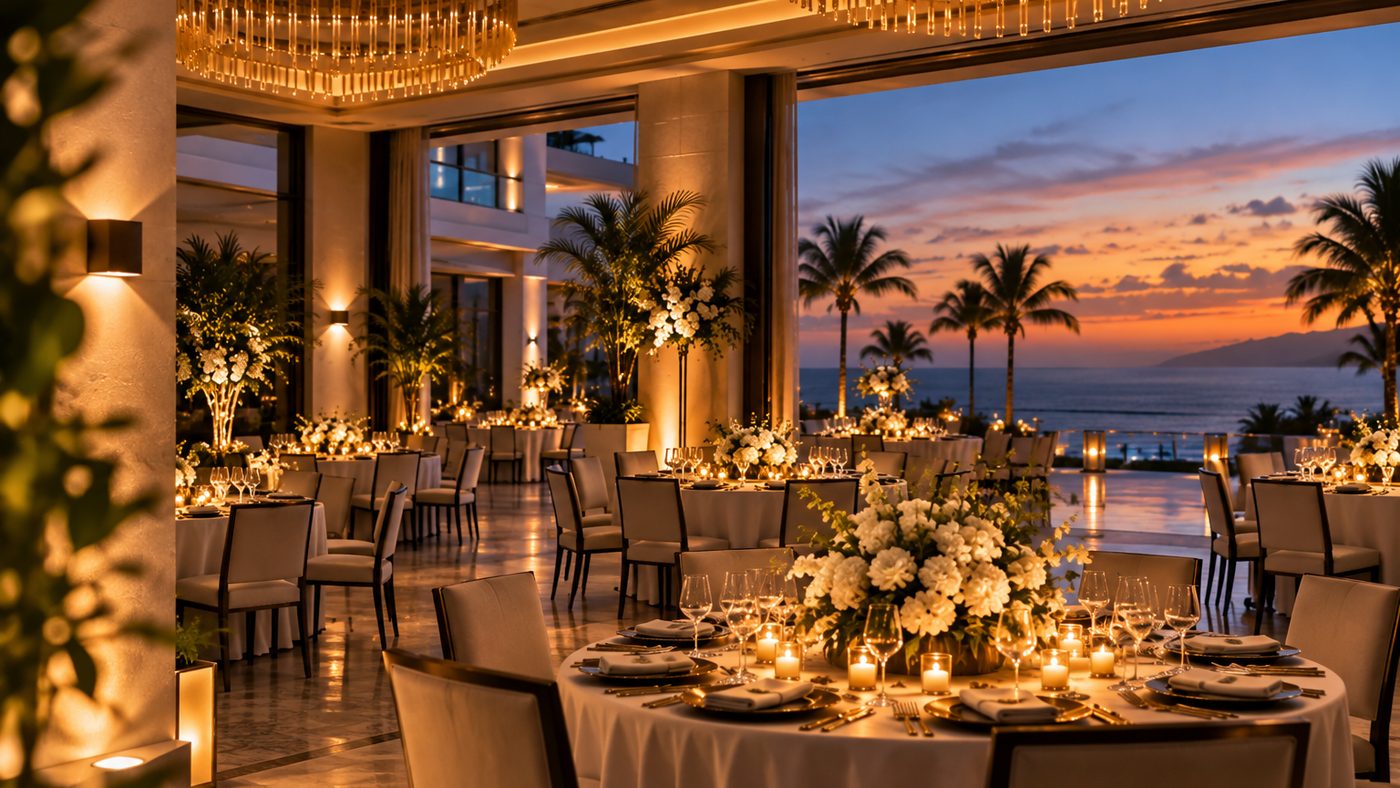 The Oasis Ballroom on a diagonal, tall white florals between the tables, the sun over the water through the terrace opening