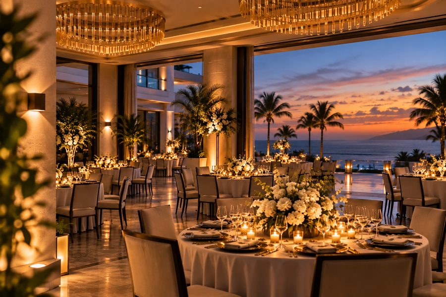 The Oasis Ballroom banqueted for a dinner, white florals and candles on round tables, the terrace doors open on the sunset