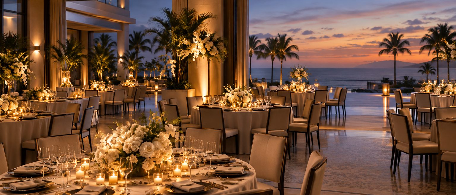A banqueted ballroom at dusk, white florals and candles down the tables, the terrace doors open on the sunset