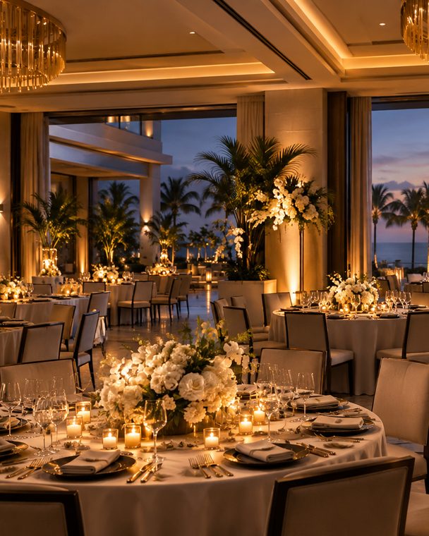 One round table set with white florals and candles, a tier of glass chandeliers above it