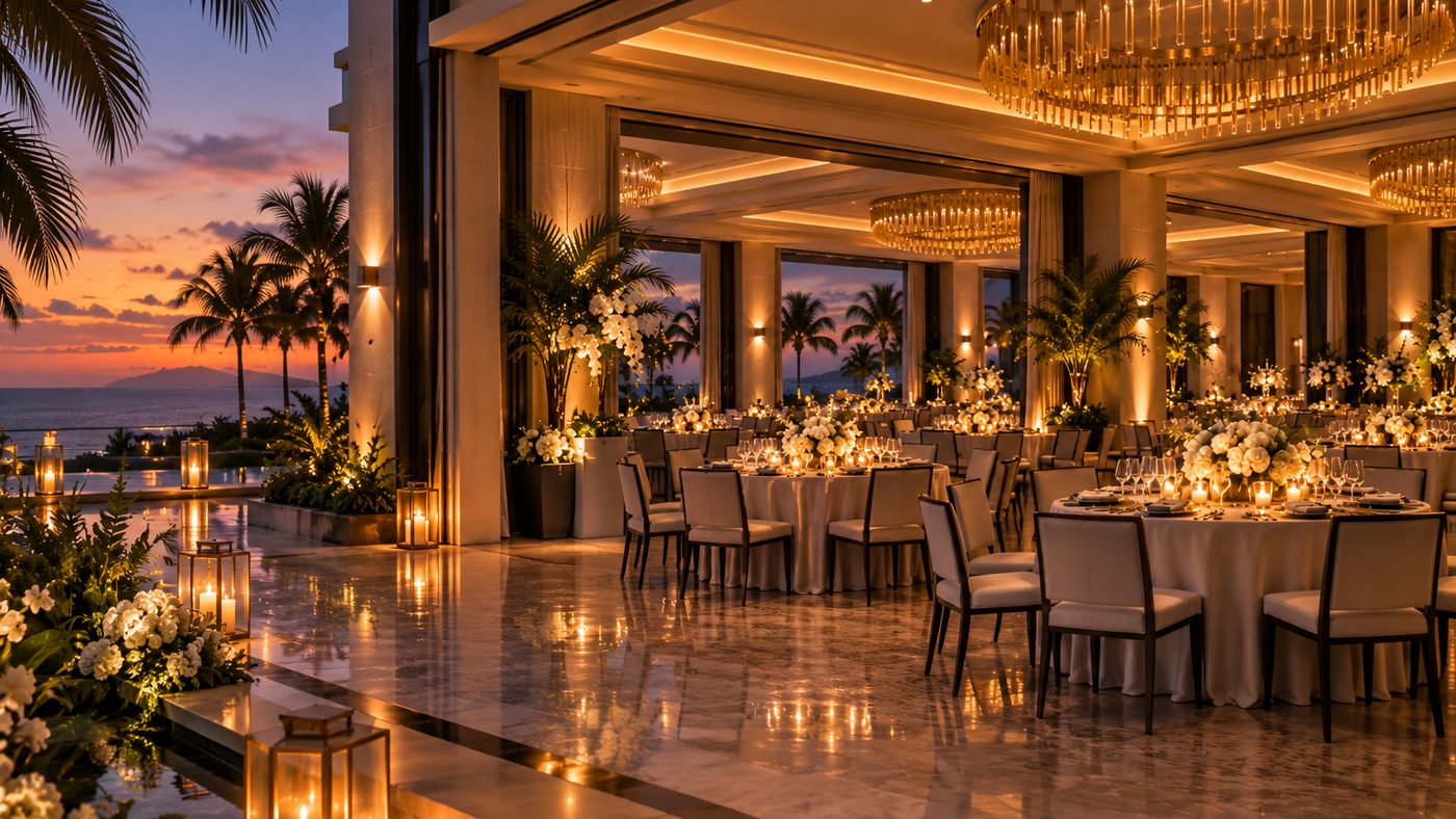 The Oasis Ballroom from the terrace threshold, lanterns on polished stone in the foreground, the tables set beyond and the sunset framed by palms