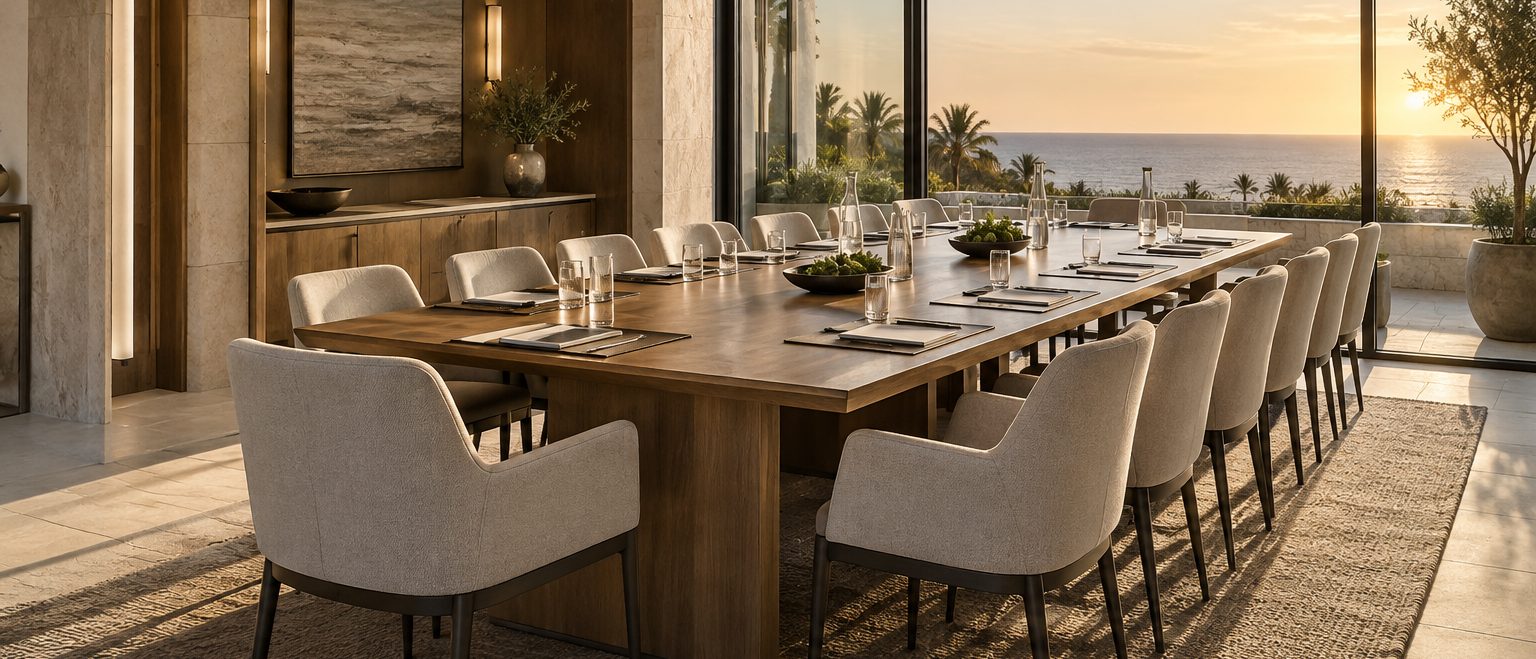 One long table down the length of the boardroom with upholstered chairs on both sides, a linear pendant above it, and the whole right-hand wall glazed onto palms and the bay