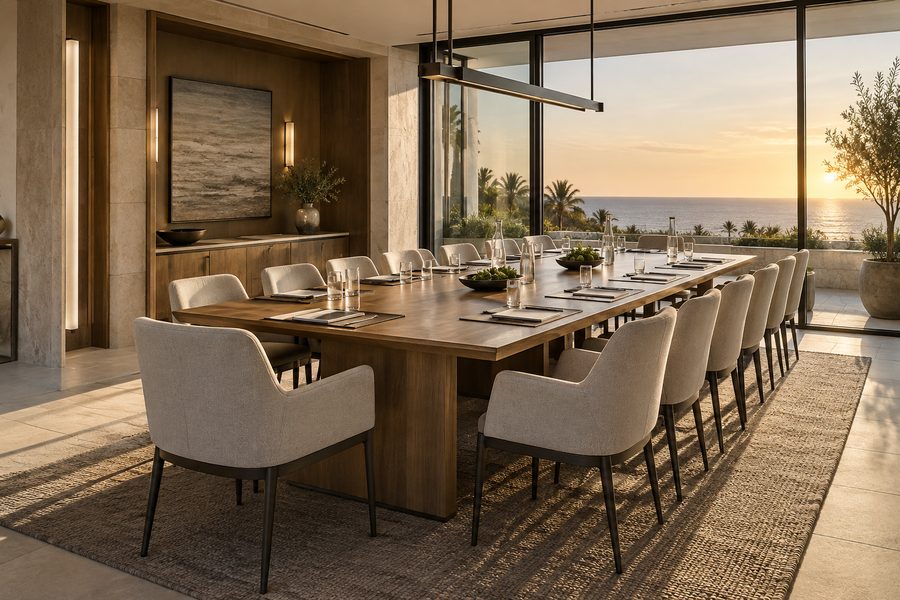 A boardroom table with chairs down both sides, a linear pendant above it and glazing onto the bay filling the far wall