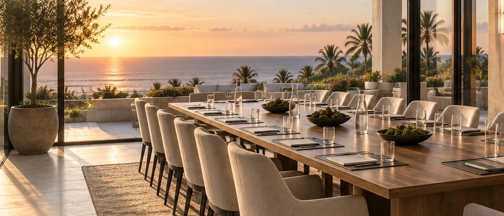 The glazed corner of the boardroom with the sun on the horizon behind the palms, the head of the table at the right