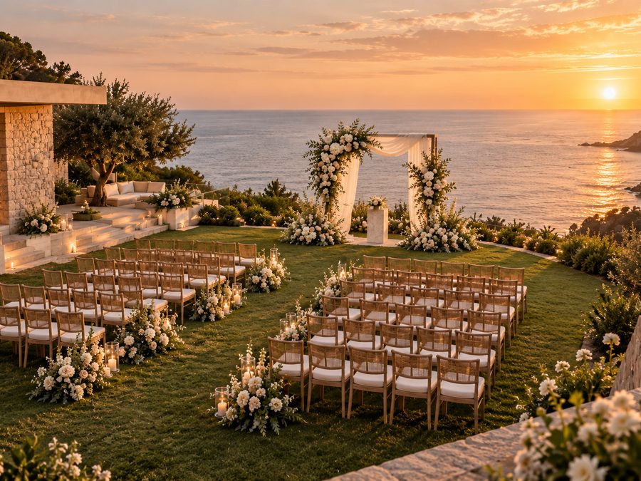 A ceremony set on the lawn above the sea, a floral arch with a draped frame, two blocks of cane chairs and banked white flowers along the aisle