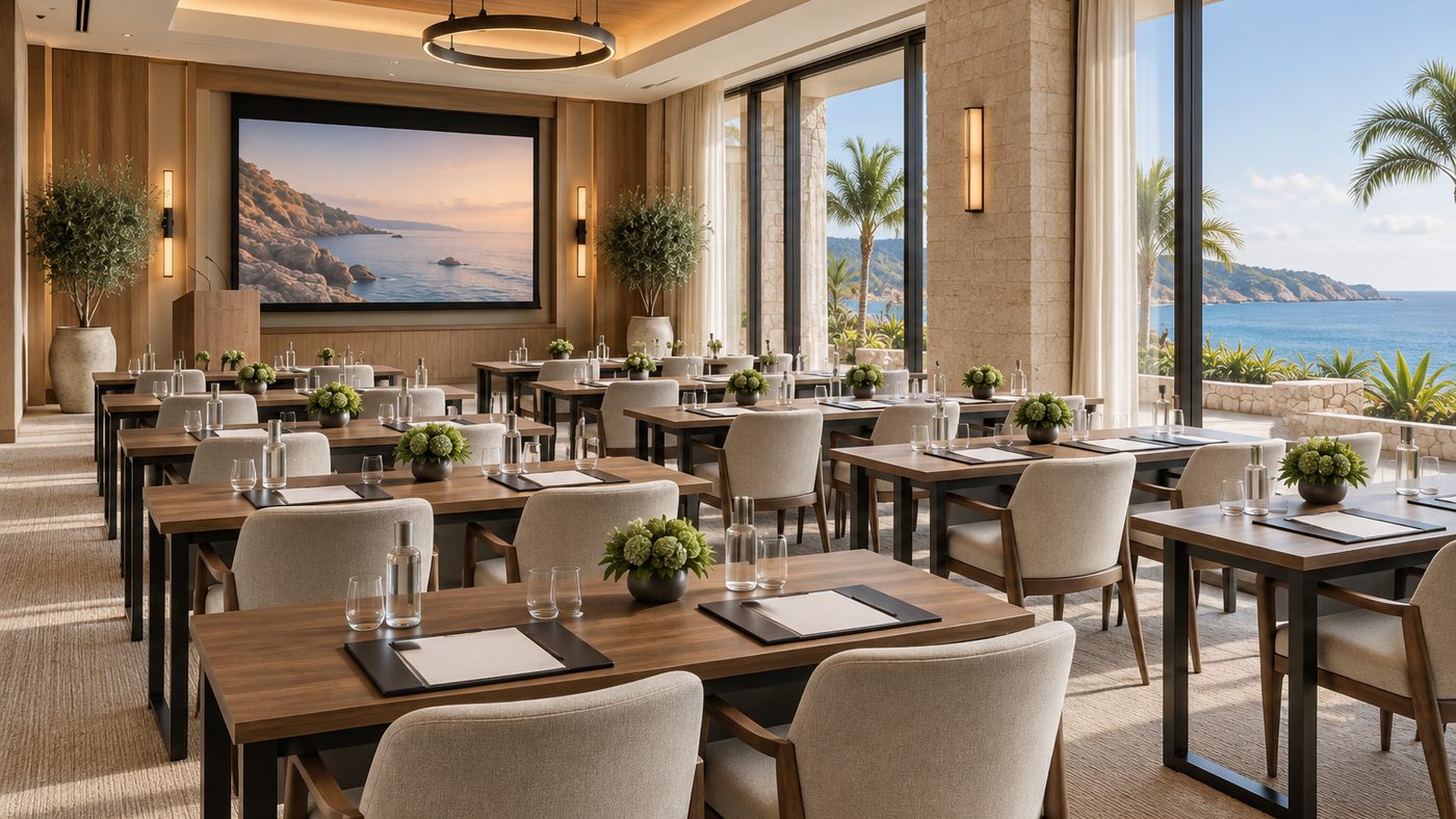 A meeting room set classroom style, a projection screen and lectern on the left wall and glazing onto the bay filling the right