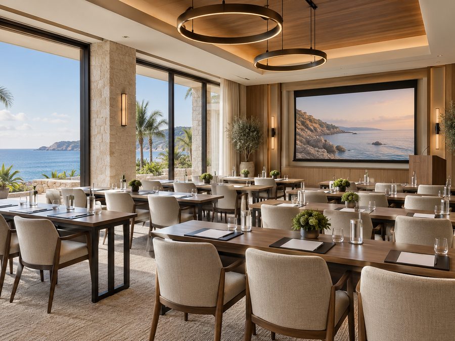 The hall set classroom style, long tables with pads and water, the screen and lectern at the far end and glazing onto the bay at the left