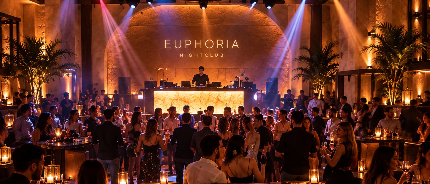 Euphoria from the edge of the floor, the room full and the booth lit under the arch at the far end