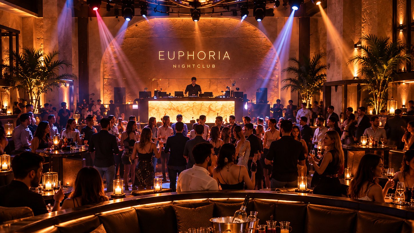 Euphoria from a banquette at the edge of the room, bottles on ice in front, the floor full and the booth lit under the arch at the far end