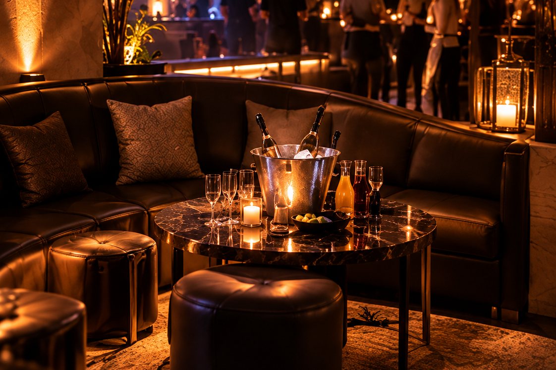 A banquette at Euphoria and a table set with bottles on ice, guests standing beyond it