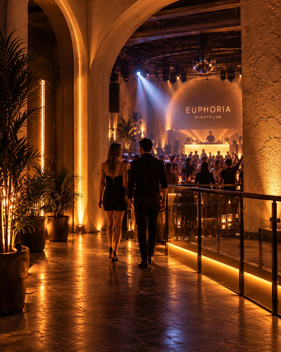 Two guests walking the rail under the stone arches toward the room