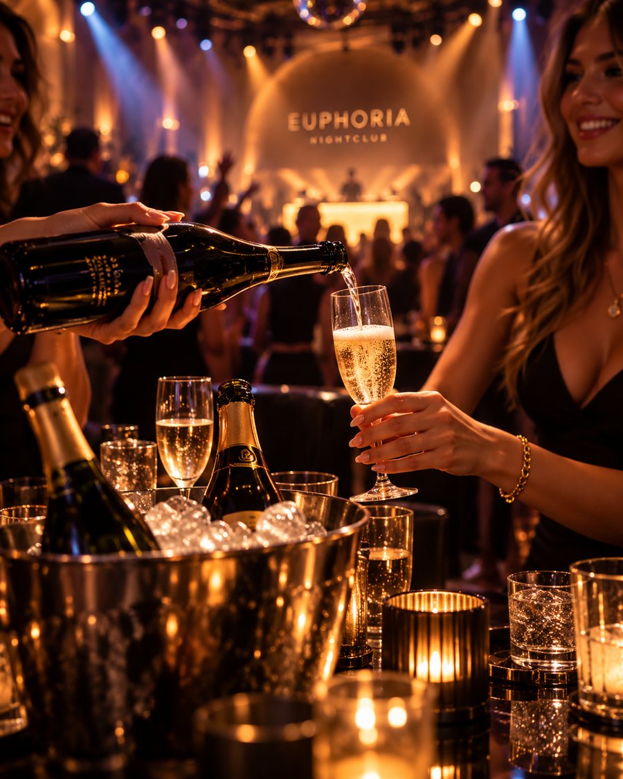 Champagne poured at the table, the floor and the booth behind