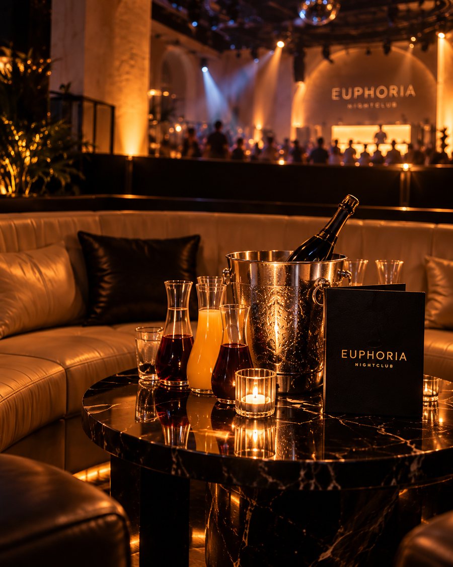 Bottles on ice, carafes and candles on a marble table at a leather banquette, the booth lit beyond