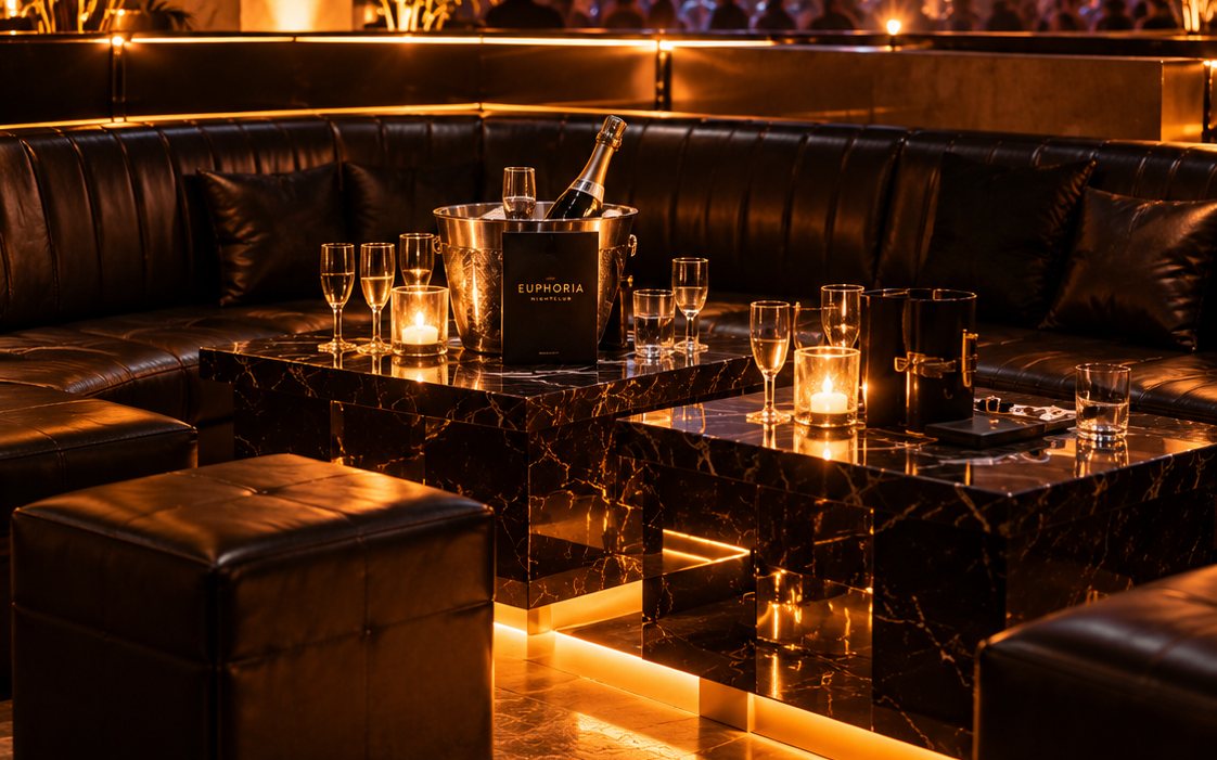 Low marble tables along a banquette at floor level, bottles on ice, the booth across the room