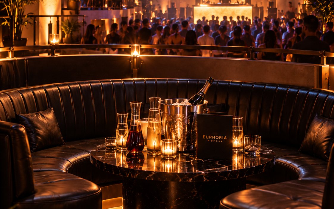 A round table at a curved banquette on the upper rail, laid with bottles on ice and candles, the floor and the booth below