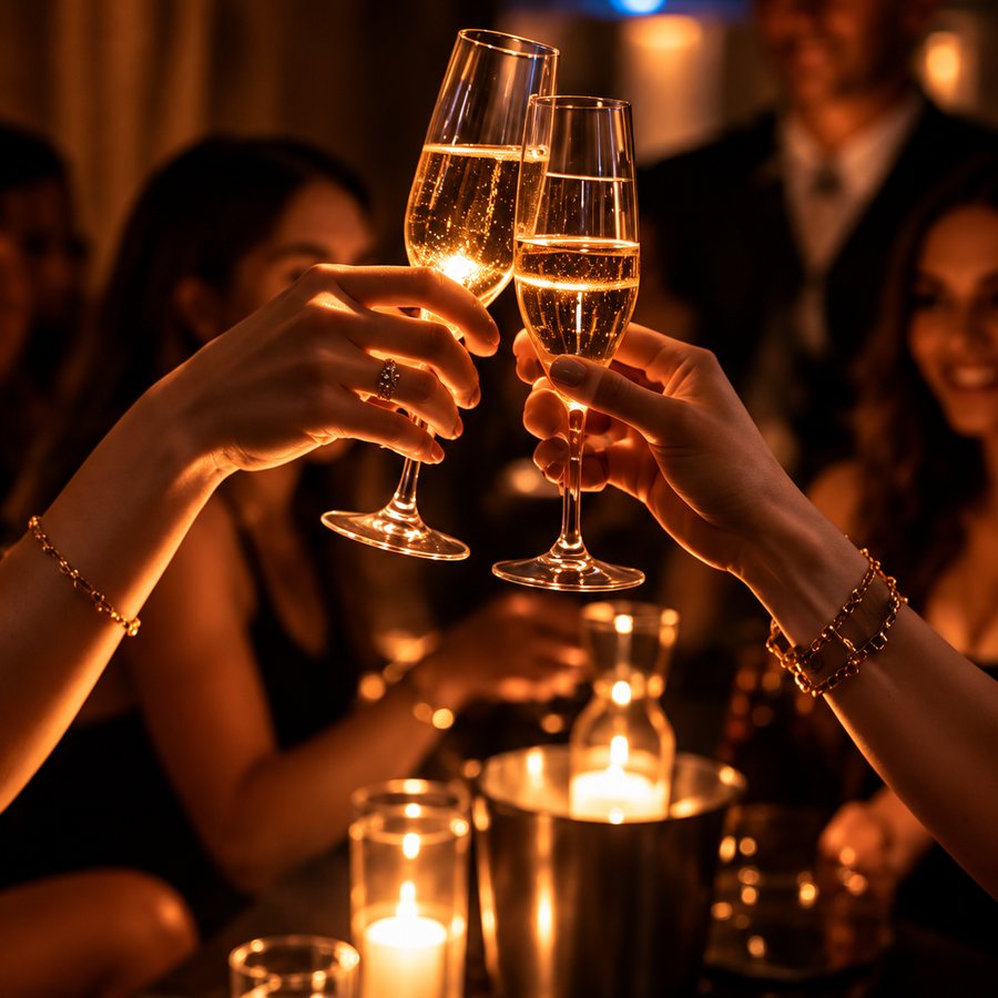 Two glasses of champagne raised over a candlelit table at Euphoria
