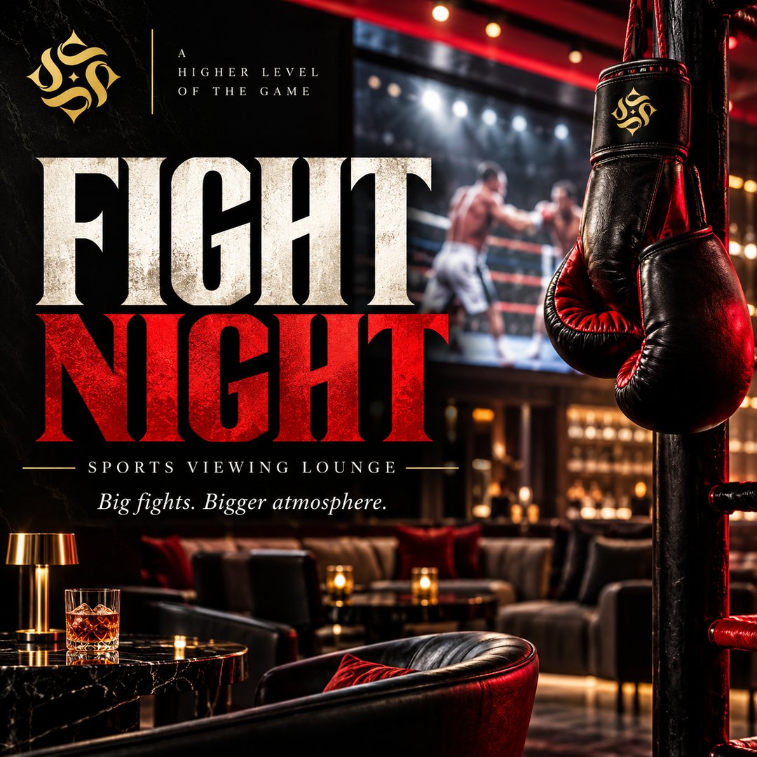 Event poster: gloves hanging from a ring post beside a screen showing two boxers, over red leather banquettes