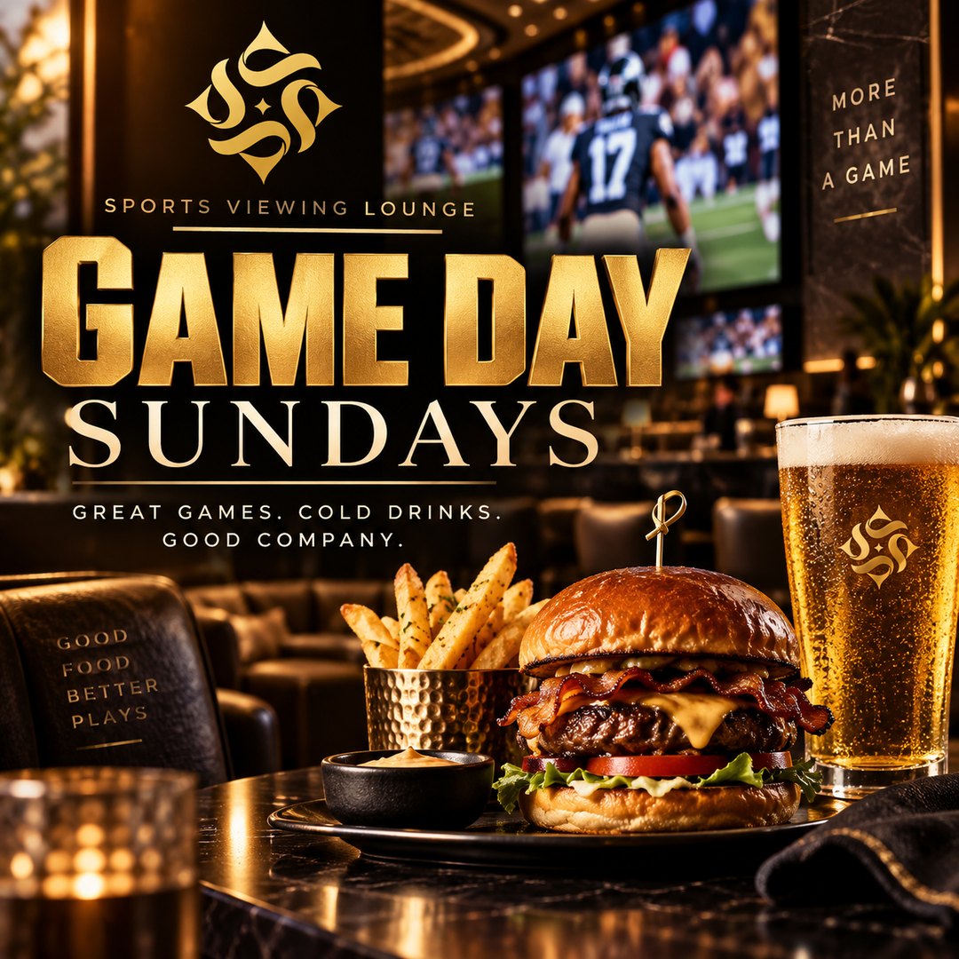Event poster: a burger, fries and a lager on black marble in front of two screens showing football