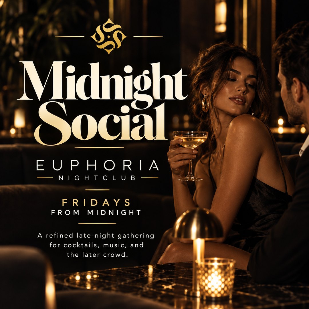 Event poster: two figures at a banquette in a navy room, a coupe and a votive on black marble