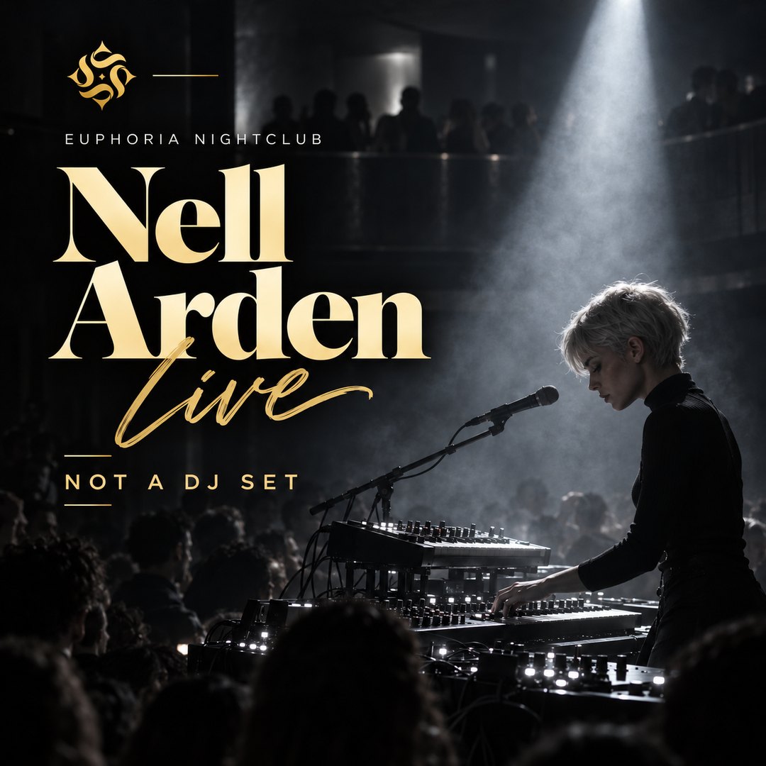 Event poster: a performer with cropped silver-blonde hair at a bank of synthesizers and a microphone, in one white spotlight