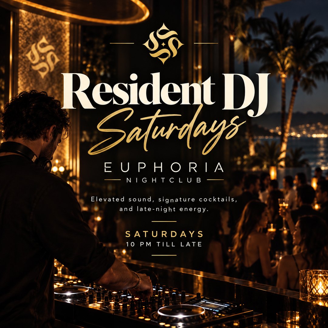 Event poster: a DJ seen from behind at a lit booth, with a coastal skyline and a lit crowd
