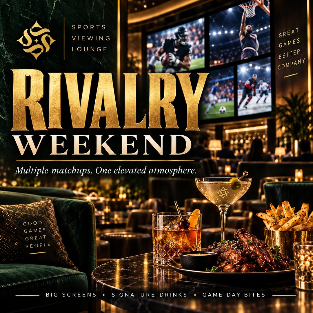 Event poster: emerald banquettes and a three-screen wall above a table of drinks and game-day food
