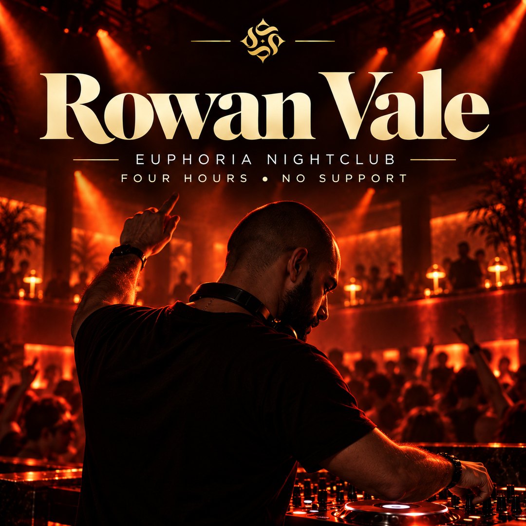 Event poster: a DJ seen from behind with one arm raised, the room lit red-orange and the balcony beyond
