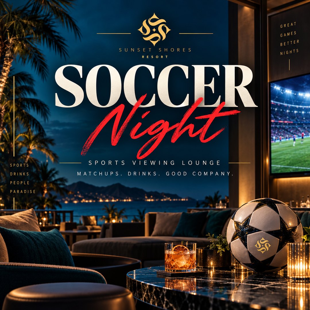 Event poster: a dark lounge with a lit coastline through the window and a match on the wall screen