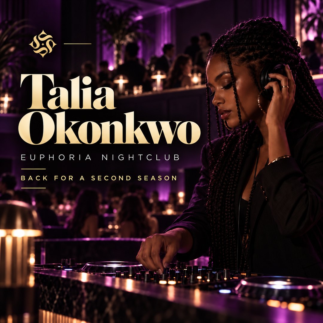 Event poster: a DJ with long braids holding headphones to one ear at the decks, in plum light with the balcony behind