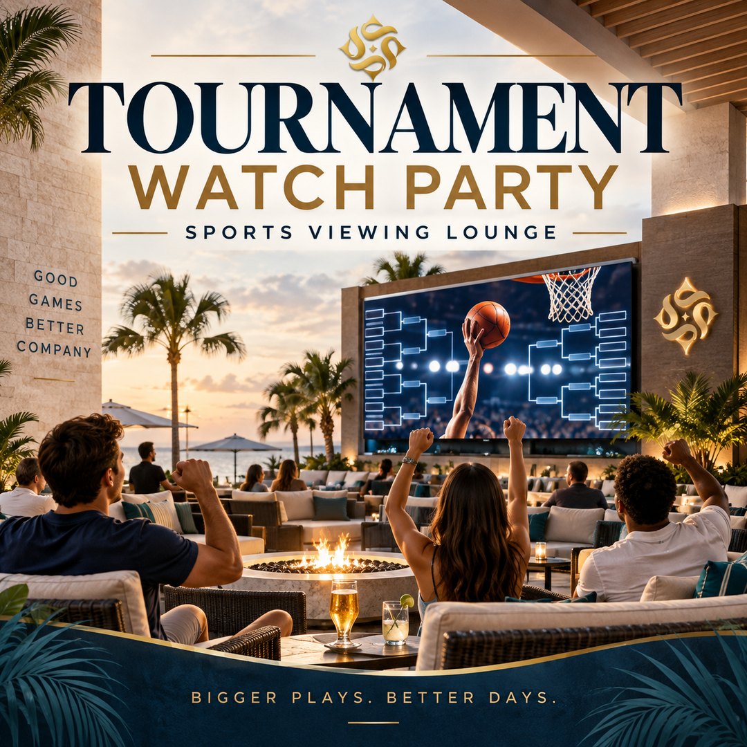 Event poster: an outdoor terrace at sunset with a large screen showing a basketball player beside a tournament bracket, a row of guests cheering in front of it, palms and a fire table