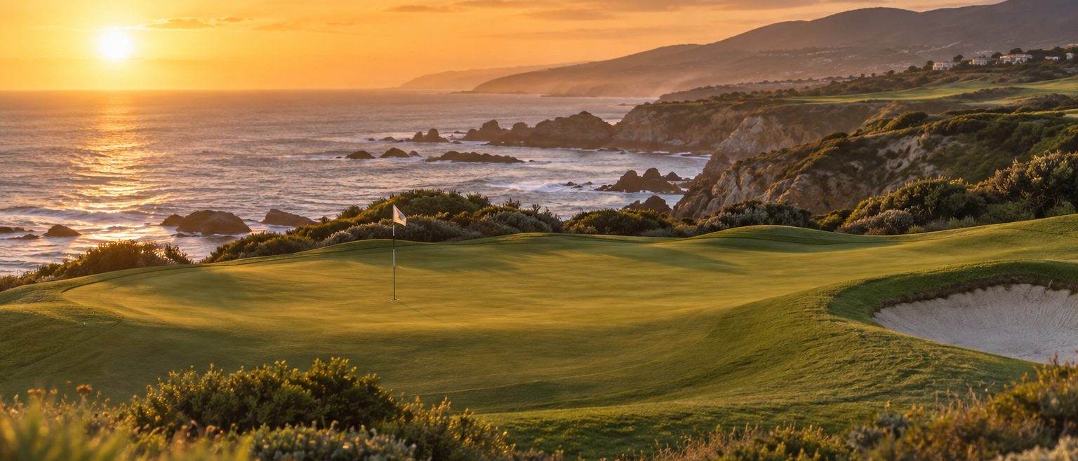 A green with the flag at its center, sea stacks and breaking surf along the left, a bunker at the right and the sun low over the water