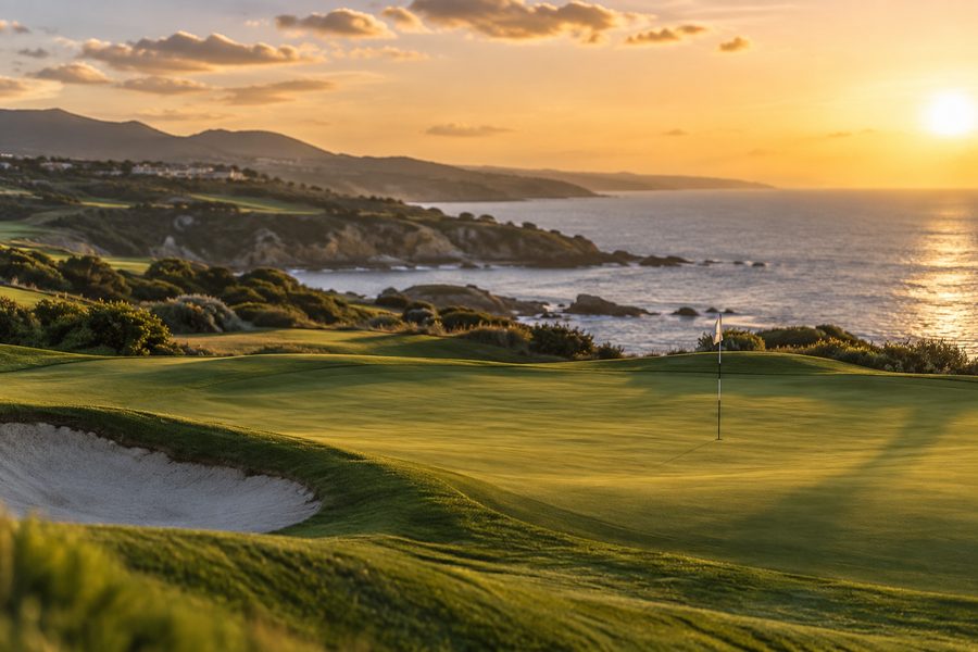 A green with the flag above the cliff edge, a deep bunker cut into the near slope, breaking surf beyond