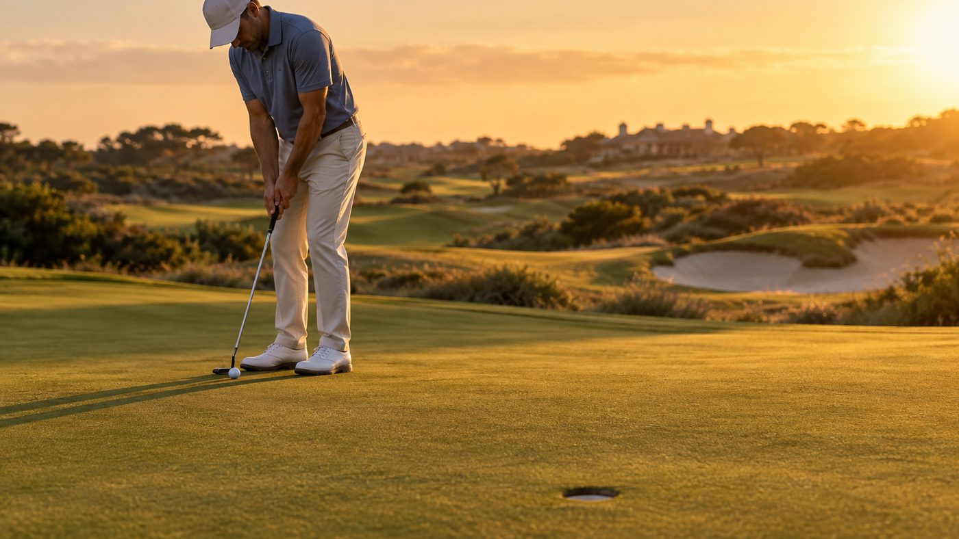 A golfer putting on a green at the end of the day, the hole in the foreground and the fairways running away behind