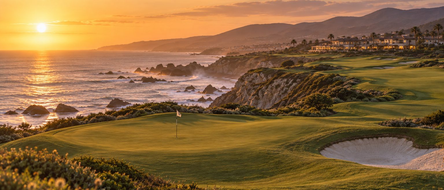 The course running out along the coastline with a green and flag at the lower left, the resort on the headland at the right