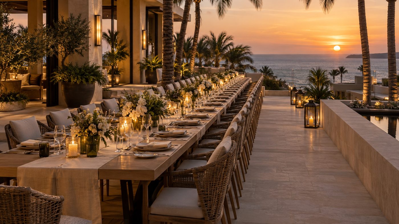 A long table set for dinner on the terrace, chairs running away down both sides, palms between them and the sun on the horizon