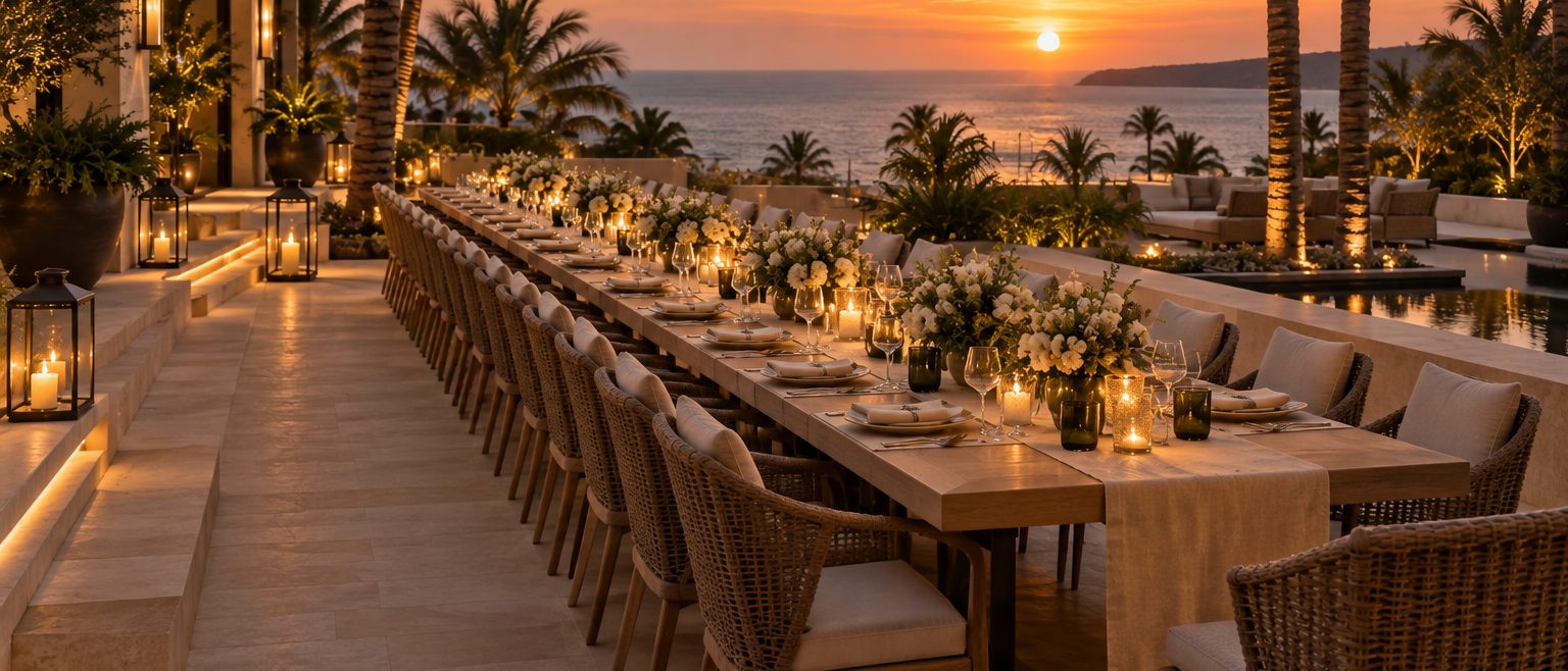 One long table laid the length of a stone terrace at sunset, white florals and candles down its center, woven chairs on both sides, lanterns on the steps and palms overhead