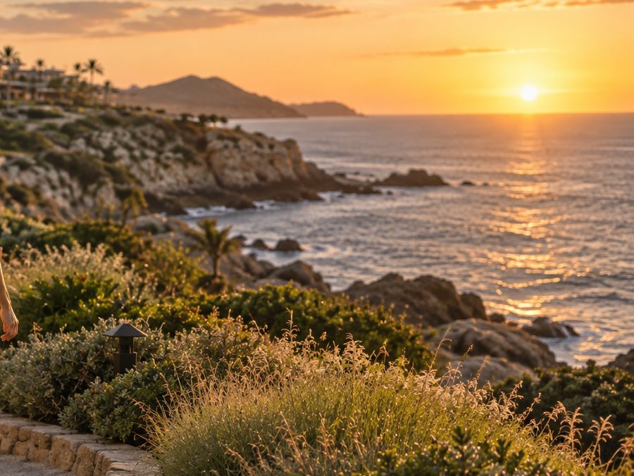The rocks and the sea below the headland path at sunset, the sun low over the water and the far headland beyond