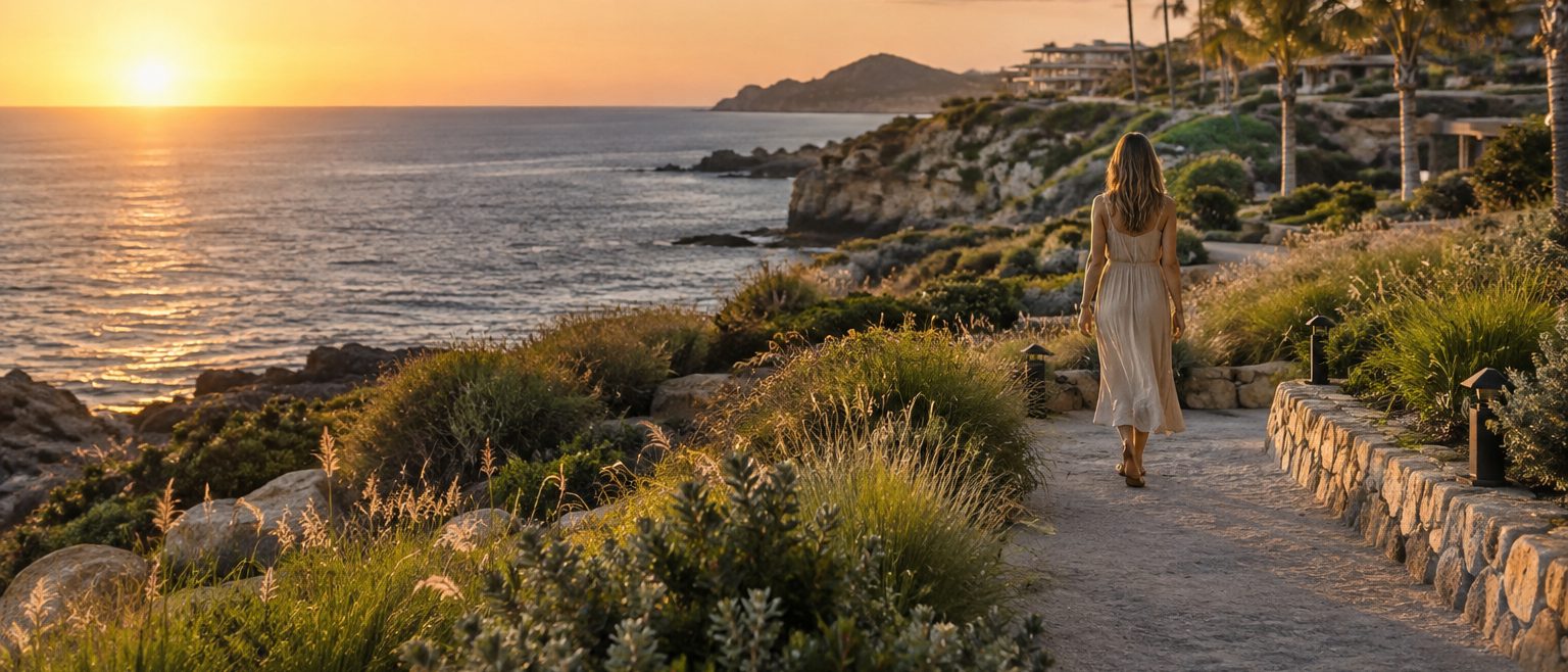 A guest walking a stone path along the headland at sunset, coastal scrub and dry-stone walls either side, the resort on the ridge beyond and surf below