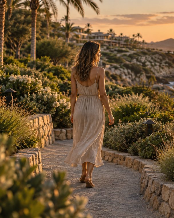 A guest walking the stone path along the headland at sunset, a dry-stone wall and flowering scrub beside her