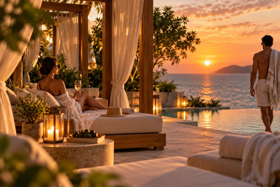 A guest on the daybed inside a cabana with a glass of white wine, a lantern and a bowl of olives on the stone table, the pool and the sun past the open curtains