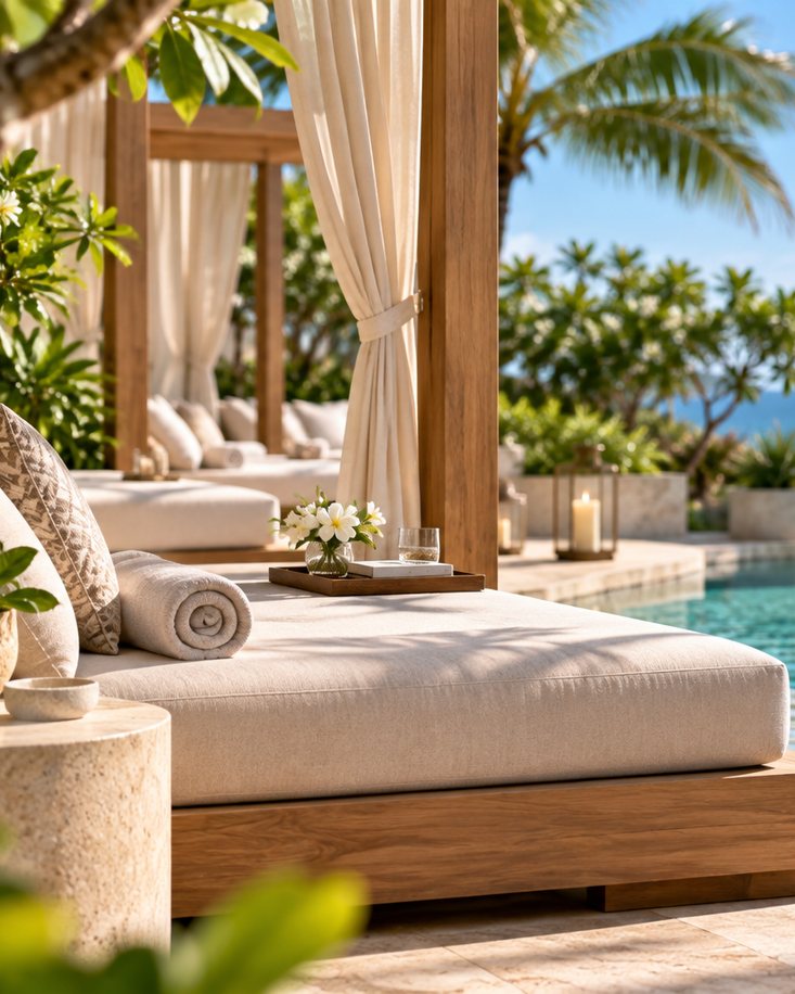 Inside a cabana at Emerald Pool: the daybed, the curtain tied back at one side and the pool past it