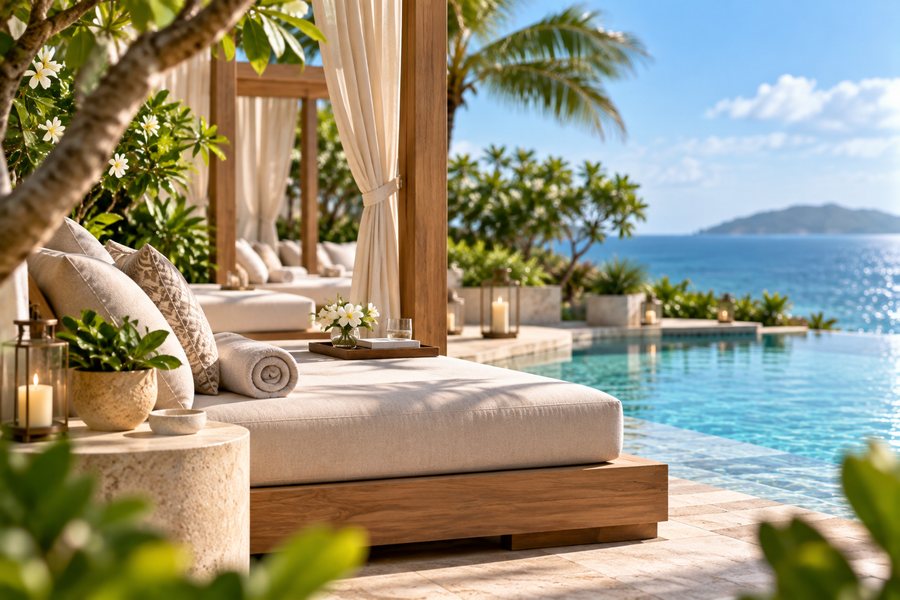 A cabana at Emerald Pool with its curtain drawn back, the daybed inside it and the pool beyond