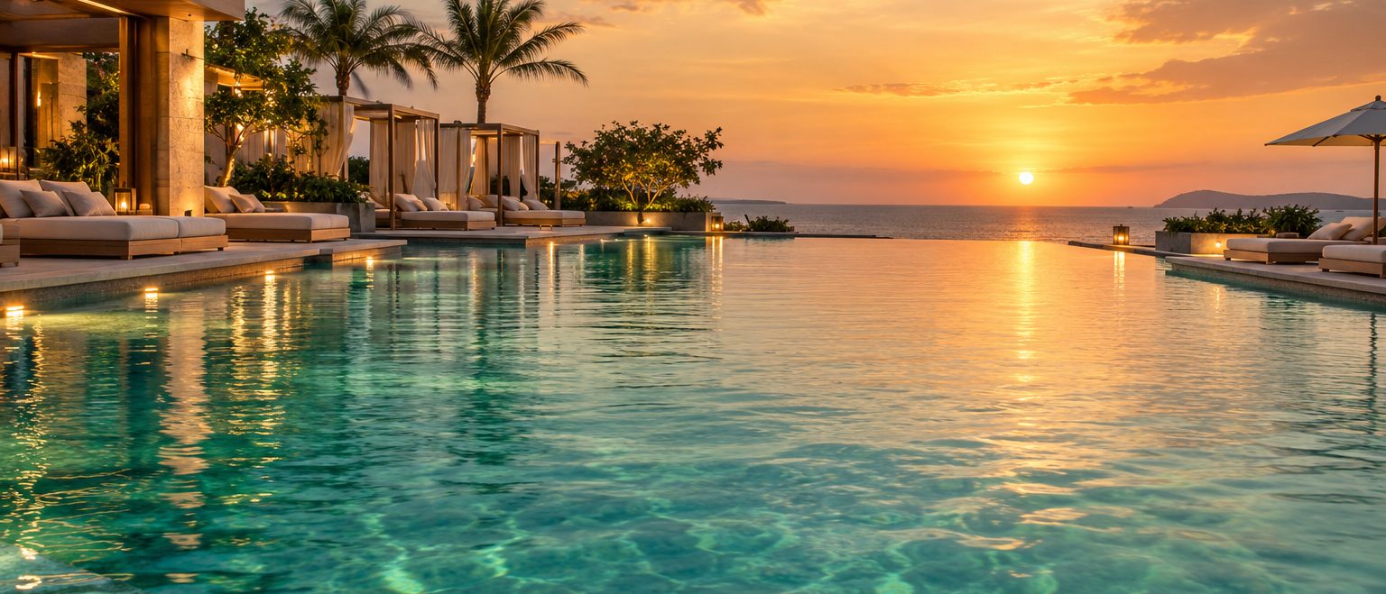 Emerald Pool down its length at sunset, the sun on the horizon at its center, cabanas and loungers along the near edge