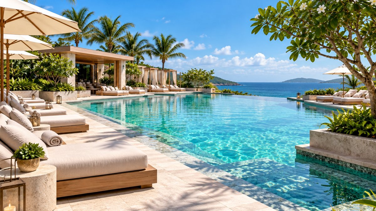 The loungers along the west side under their umbrellas in the middle of the day, the pool running away to the infinity edge