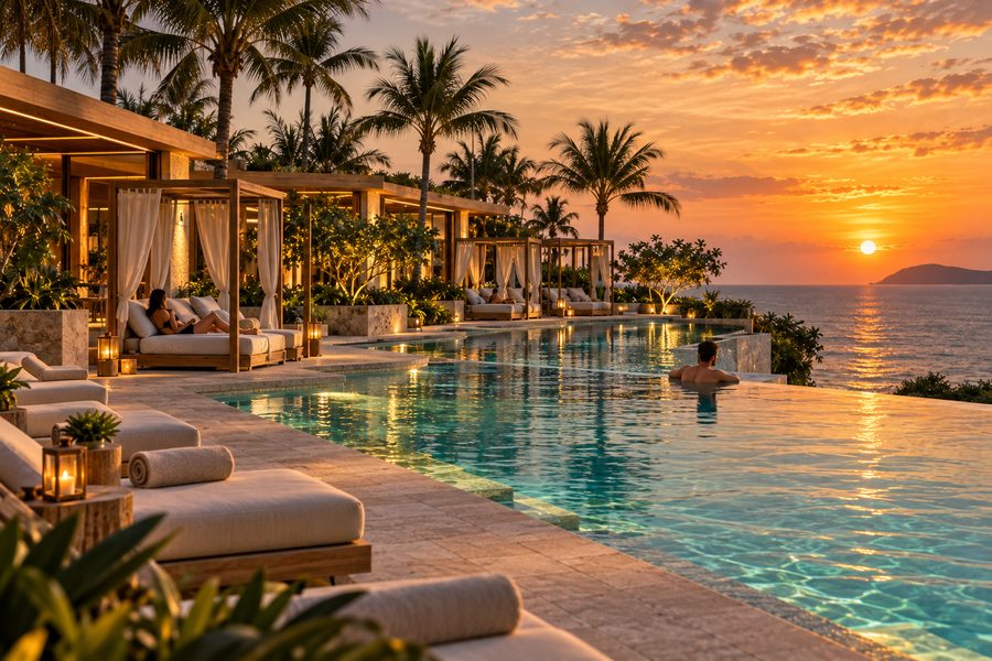 Emerald Pool at sunset, two guests in a curtained cabana, loungers with rolled towels and lanterns, a swimmer at the infinity edge