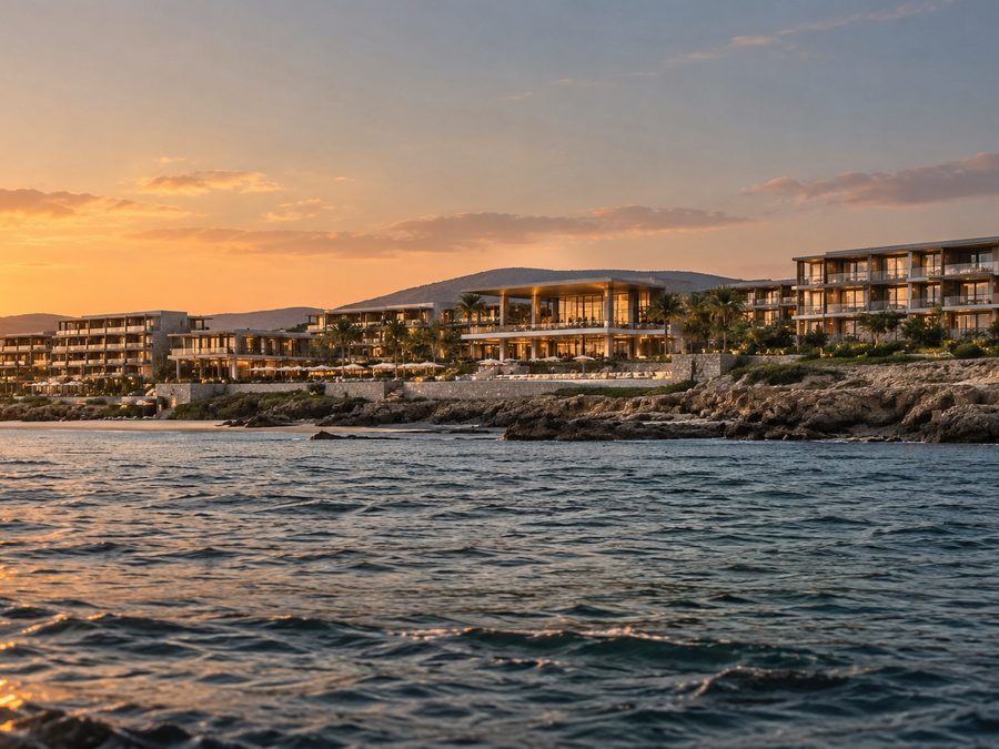 The whole property from the water at sunset, the guest wings stepping along the shore either side of the main pavilion