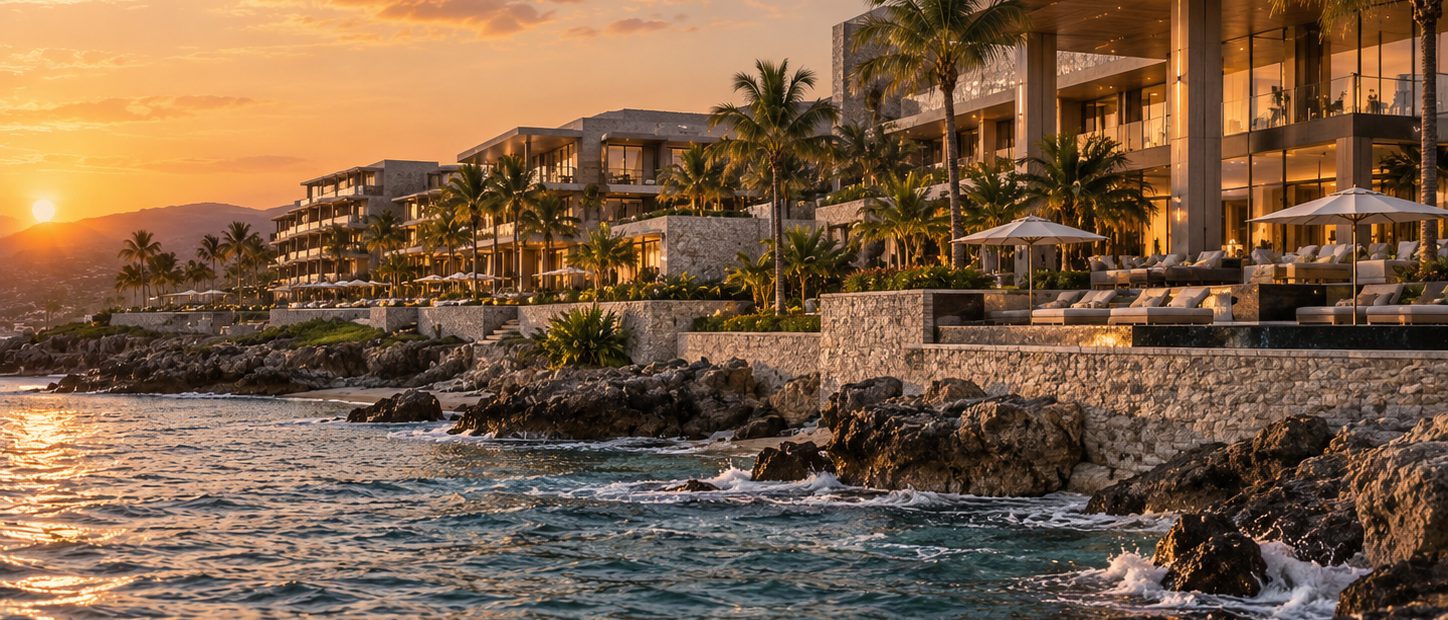 Sunset Shores from the water at sunset, surf breaking on the rocks below the terraces and the main pavilion at the right