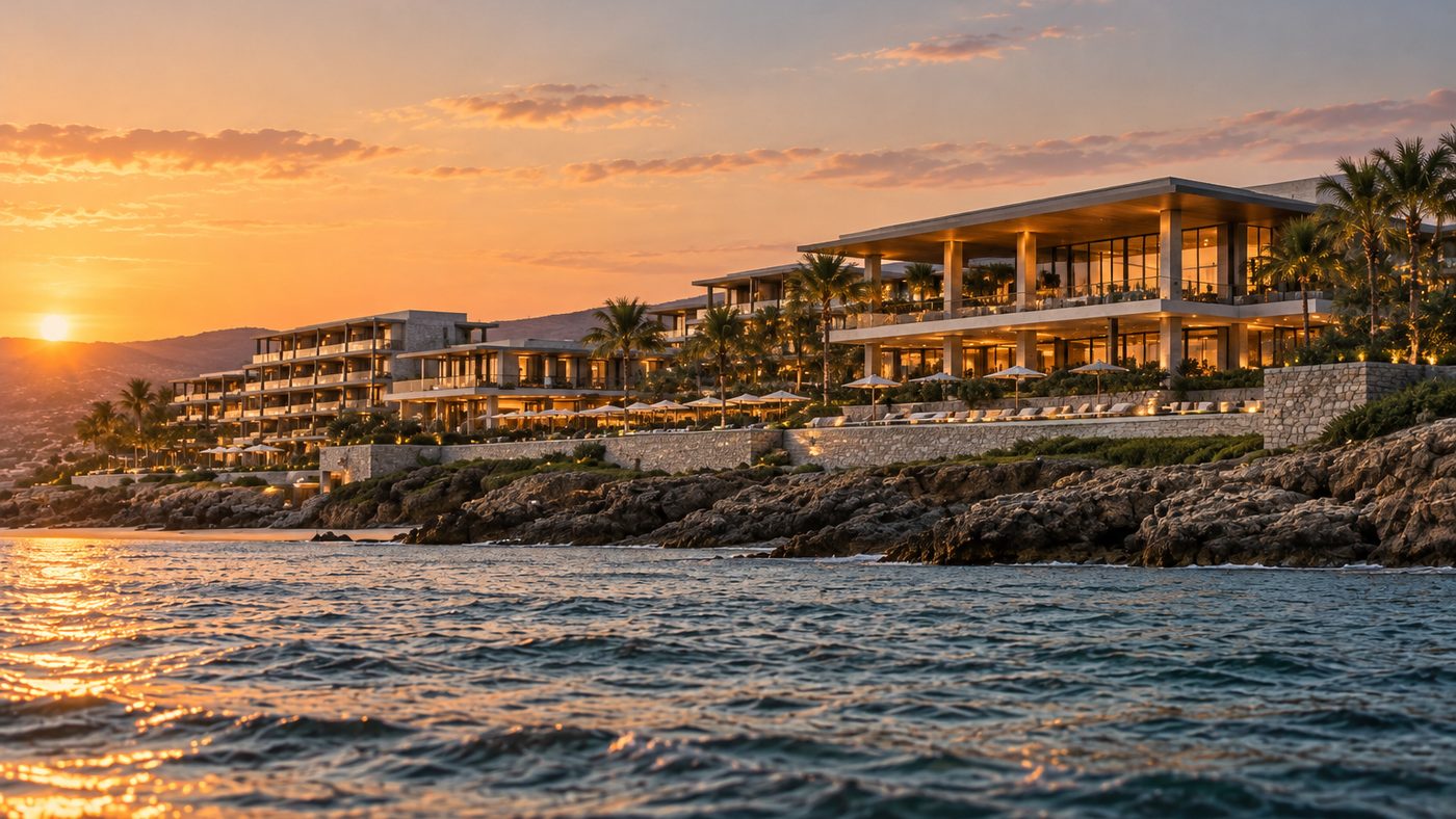 The property from the water at sunset, guest wings stepping west along the headland above a rubble sea wall