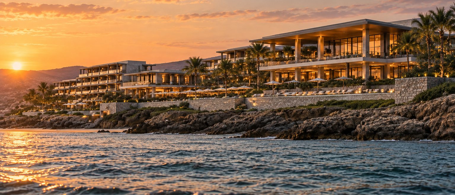 Sunset Shores seen from the water at sunset, its terraces stepping down a rocky headland, the sun low on the horizon